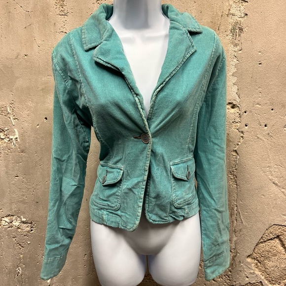 SO Y2K Vintage Teal Blue Corduroy Blue Green Button Front Blazer Jacket Top L - Picture 1 of 6